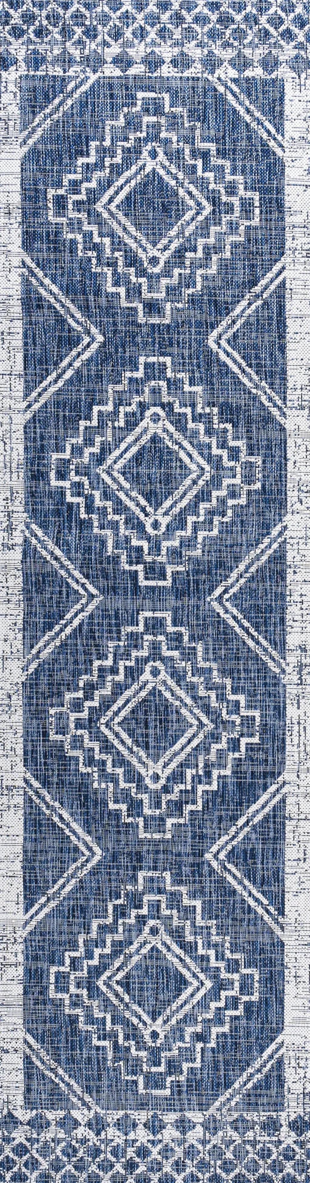 10' Blue And Ivory Moroccan Indoor Outdoor Runner Rug Homeroots Outdoor