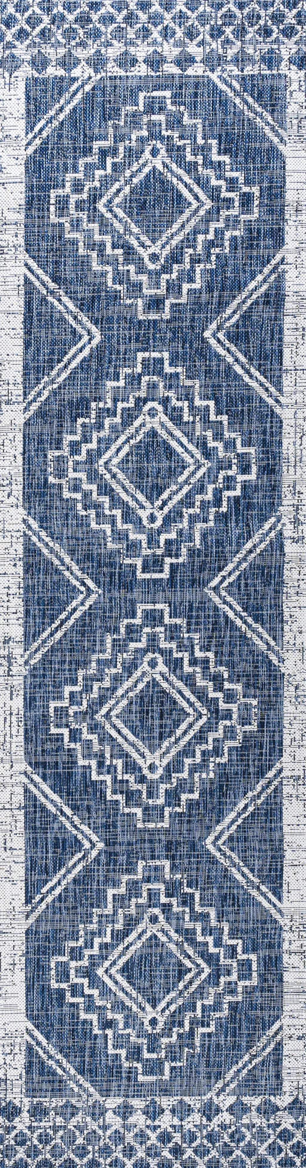 10' Blue And Ivory Moroccan Indoor Outdoor Runner Rug Homeroots Outdoor