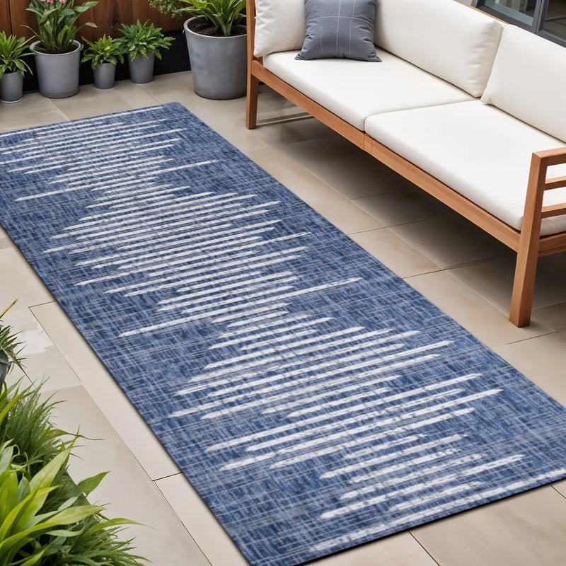 10' Blue And Ivory Striped Indoor Outdoor Runner Rug Homeroots Outdoor