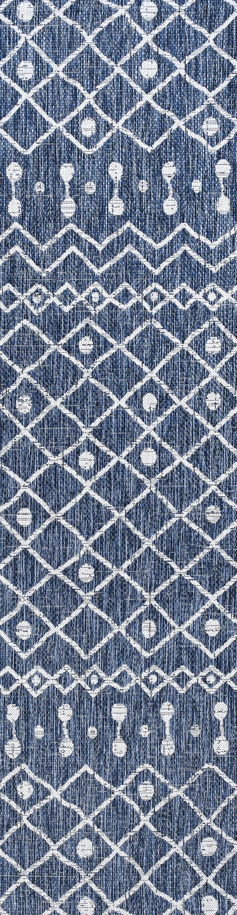 10' Blue And Ivory Trellis Indoor Outdoor Runner Rug Homeroots Outdoor