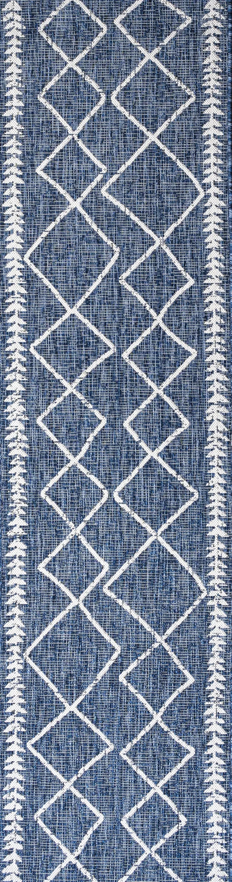 10' Blue And Ivory Trellis Indoor Outdoor Runner Rug Homeroots Outdoor