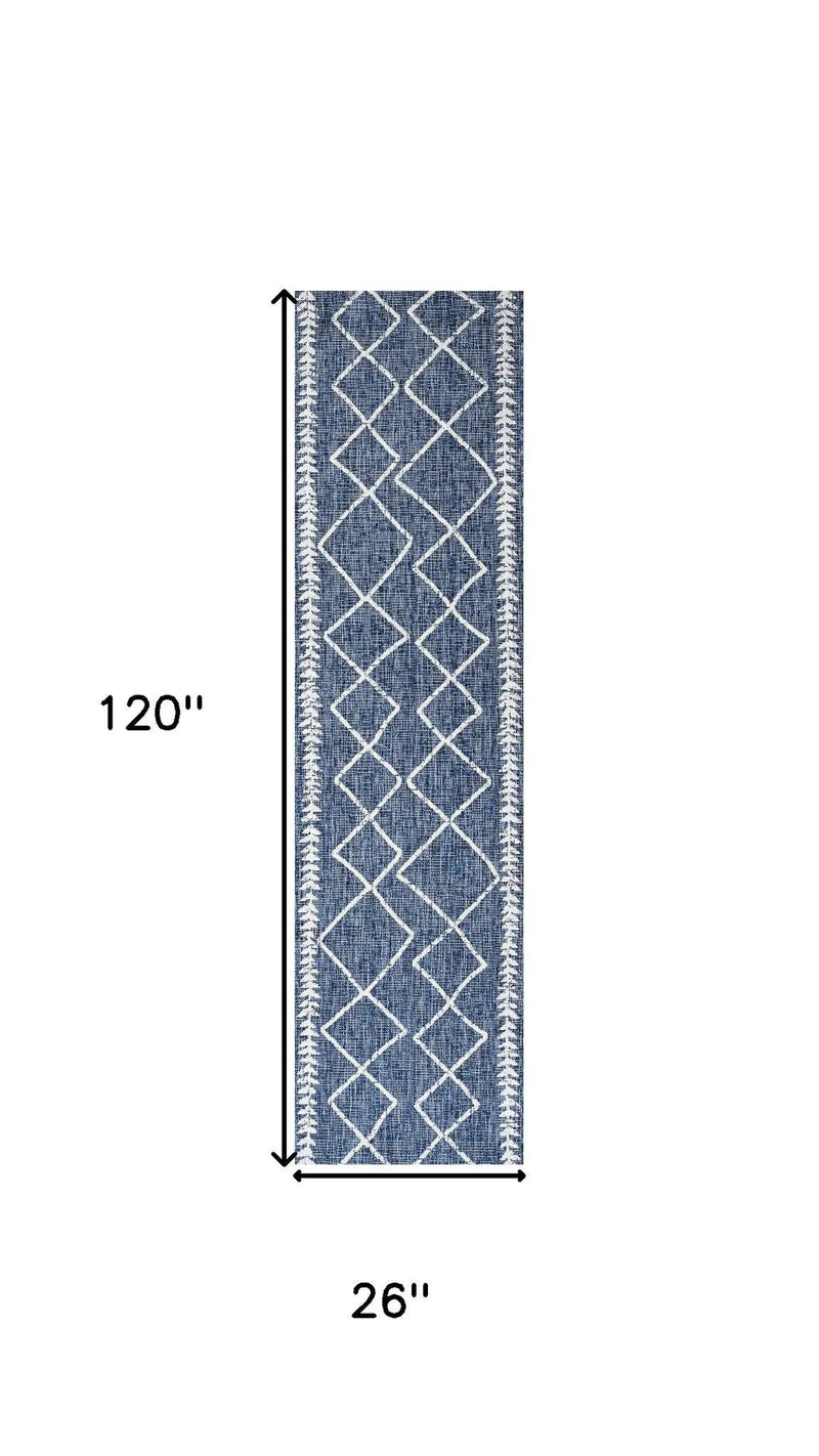 10' Blue And Ivory Trellis Indoor Outdoor Runner Rug Homeroots Outdoor