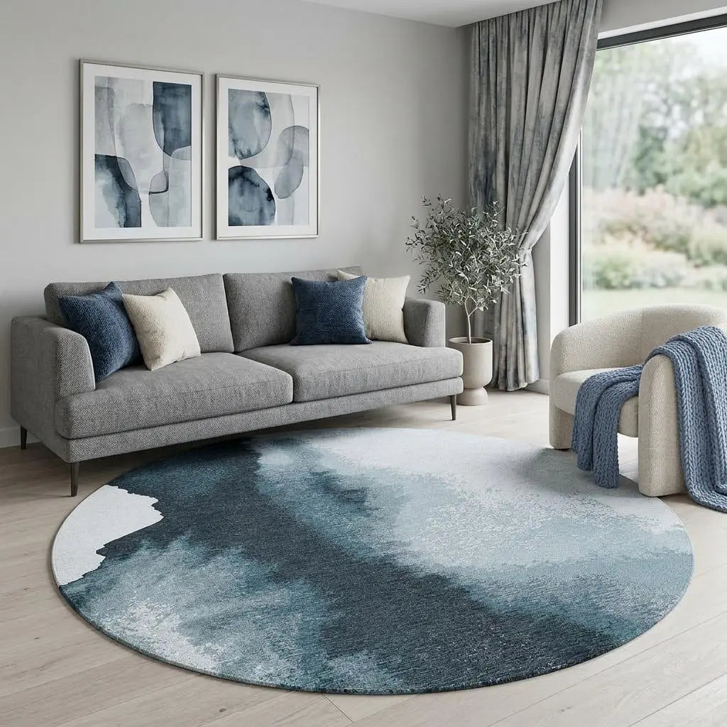10' Blue And White Abstract Washable Round Rug With UV Protection Homeroots Home Decor