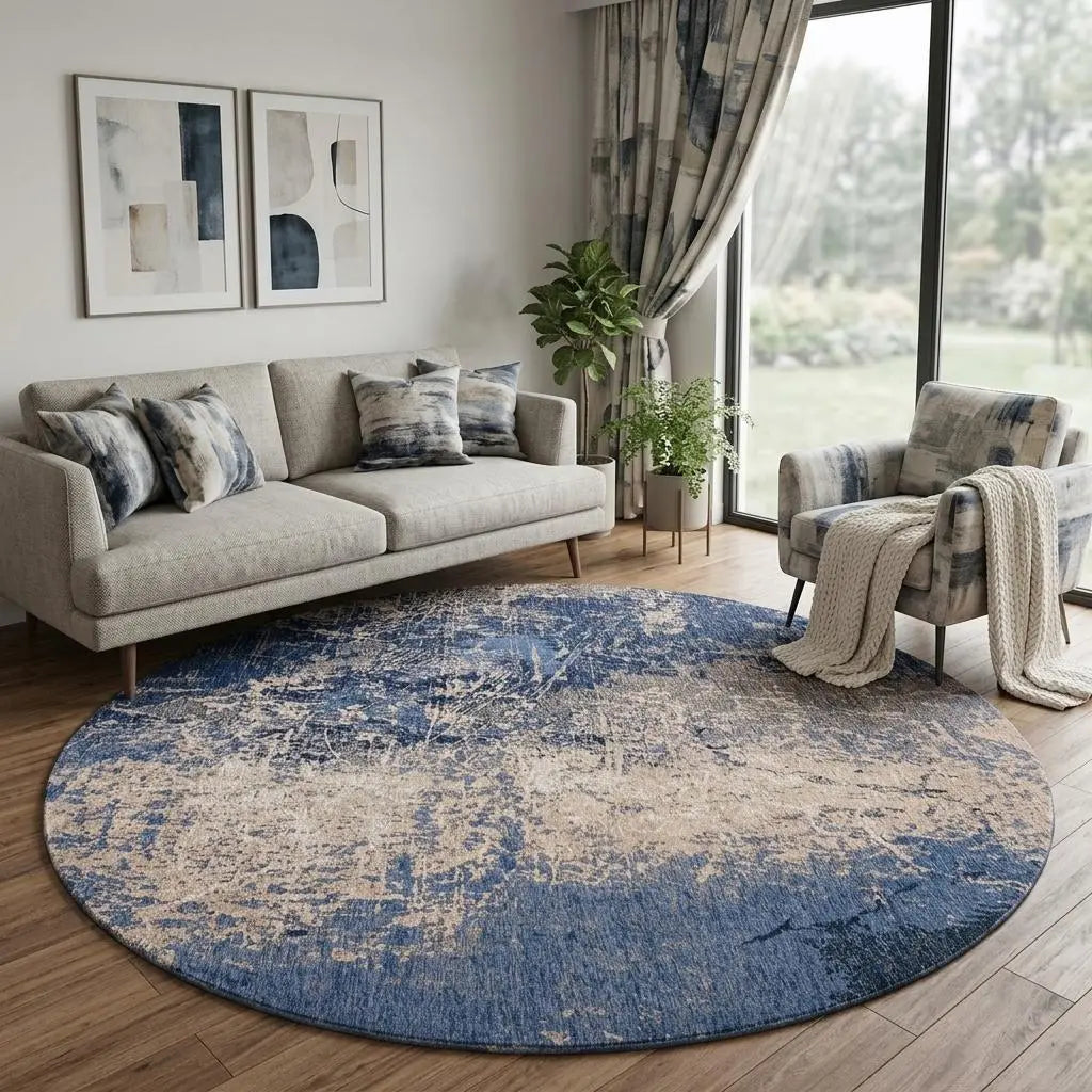 10' Blue And White Abstract Washable Round Rug With UV Protection Homeroots Home Decor