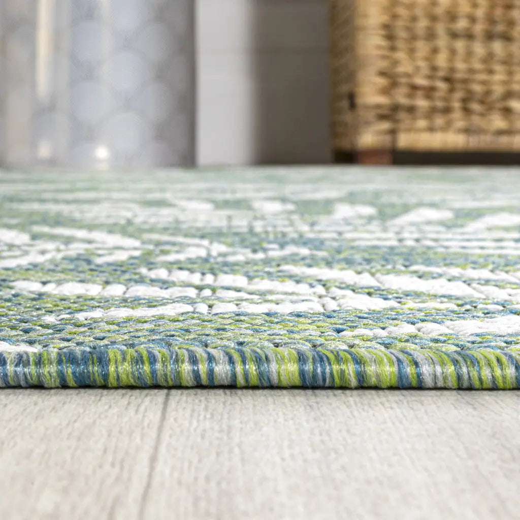 10' Cream And Green Floral Indoor Outdoor Runner Rug Homeroots Outdoor