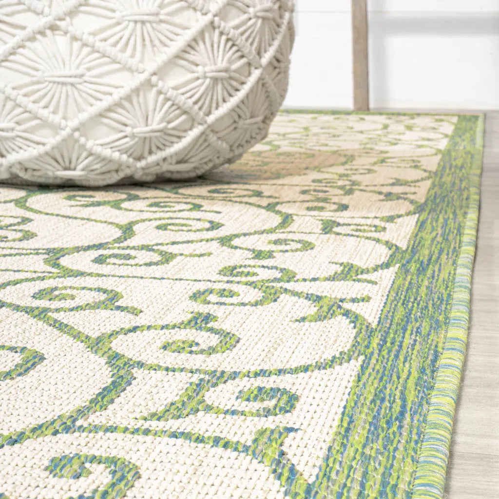 10' Cream And Green Geometric Indoor Outdoor Runner Rug Homeroots Outdoor