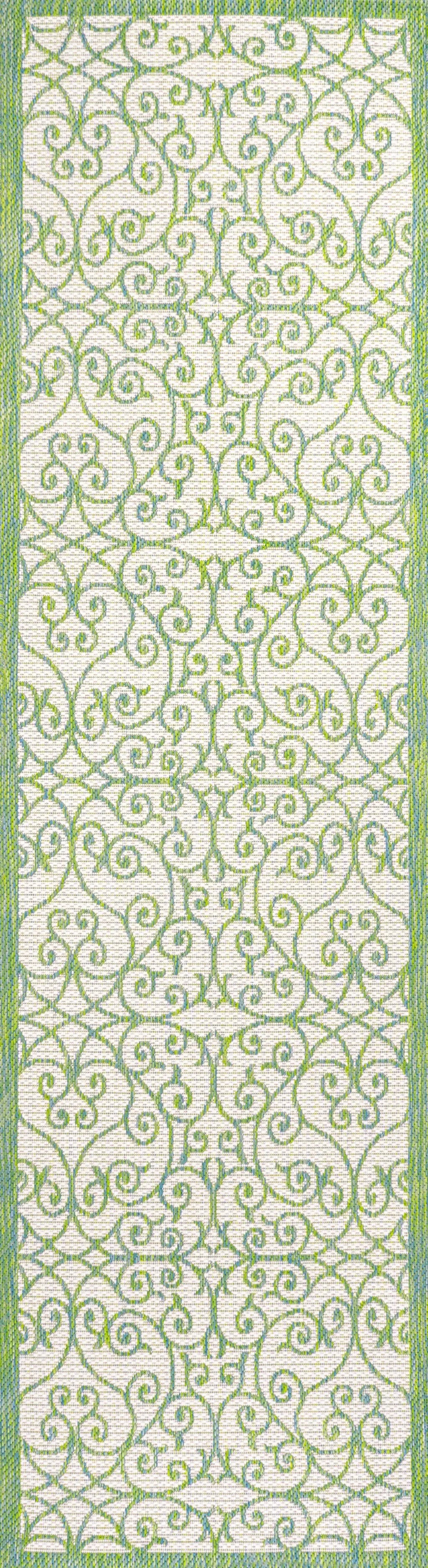 10' Cream And Green Geometric Indoor Outdoor Runner Rug Homeroots Outdoor