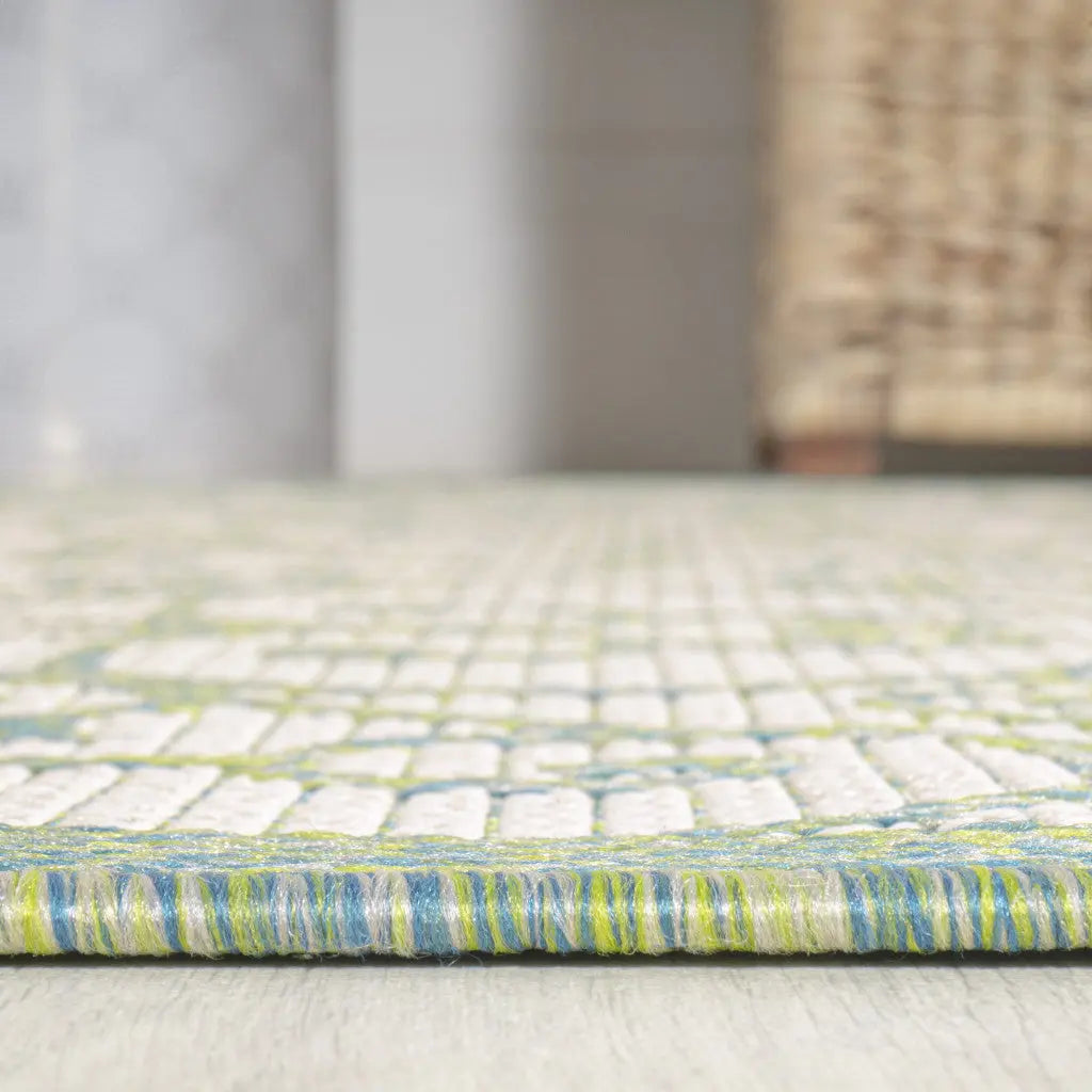 10' Cream And Green Geometric Indoor Outdoor Runner Rug Homeroots Outdoor