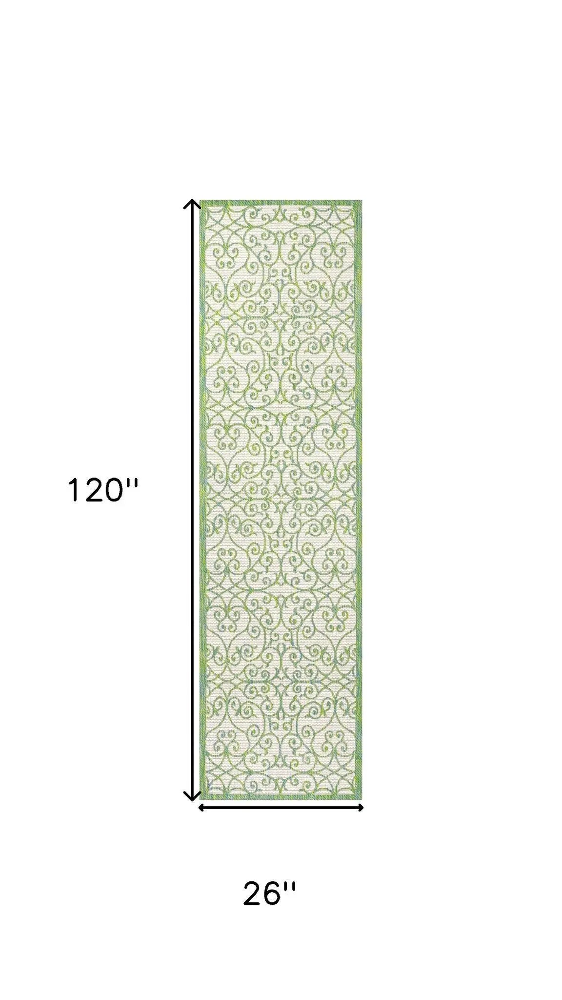 10' Cream And Green Geometric Indoor Outdoor Runner Rug Homeroots Outdoor
