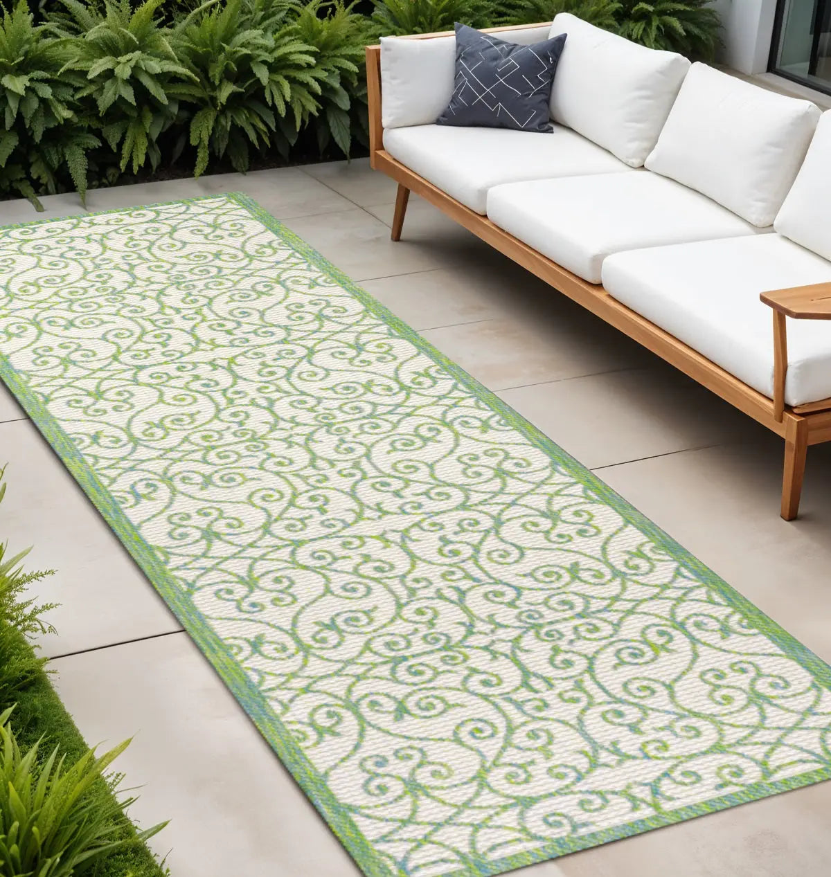 10' Cream And Green Geometric Indoor Outdoor Runner Rug Homeroots Outdoor