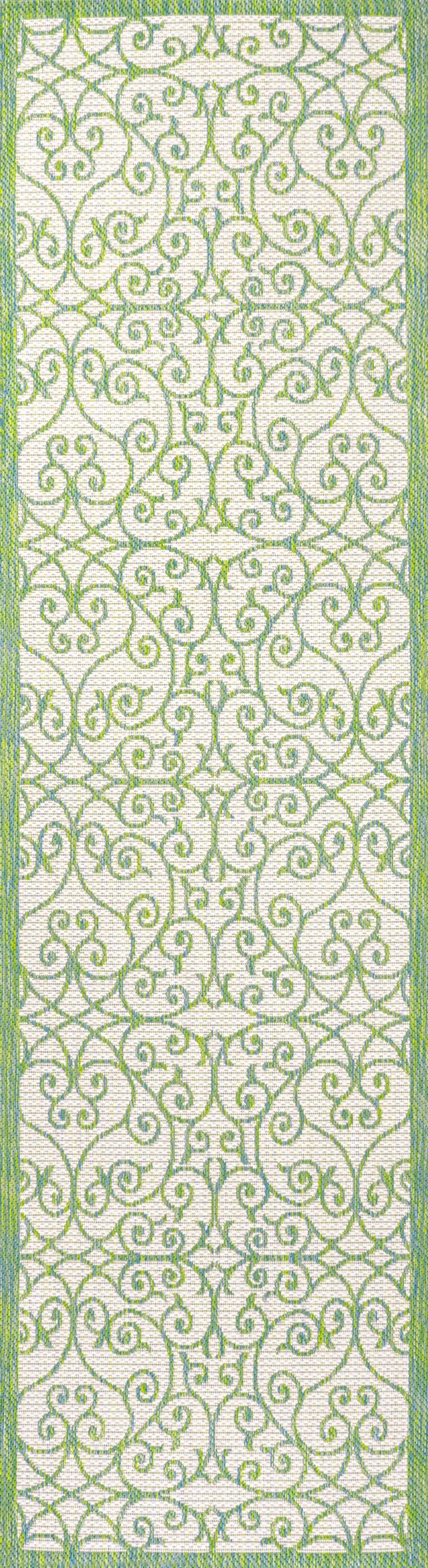 10' Cream And Green Geometric Indoor Outdoor Runner Rug Homeroots Outdoor