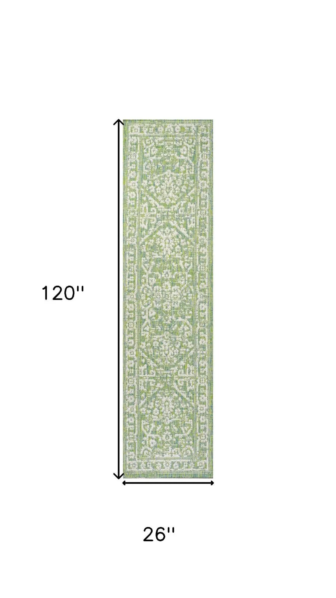 10' Cream And Green Medallion Indoor Outdoor Runner Rug Homeroots Outdoor
