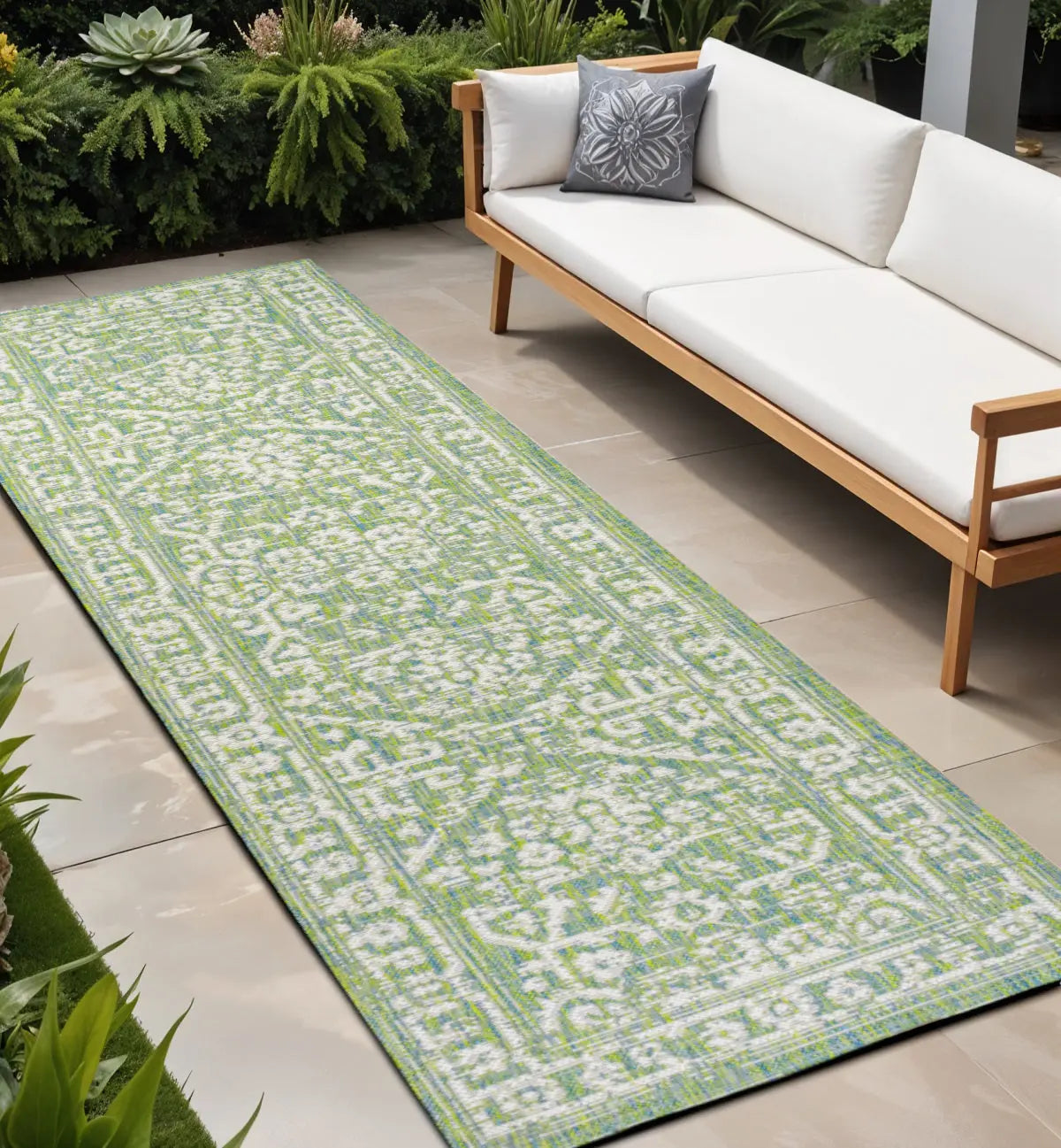 10' Cream And Green Medallion Indoor Outdoor Runner Rug Homeroots Outdoor