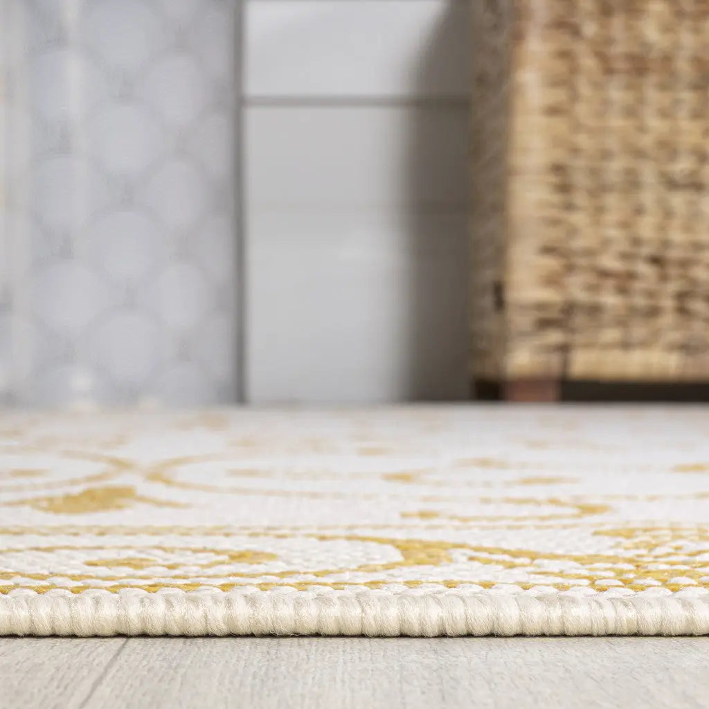 10' Cream And Yellow Medallion Indoor Outdoor Runner Rug Homeroots Outdoor