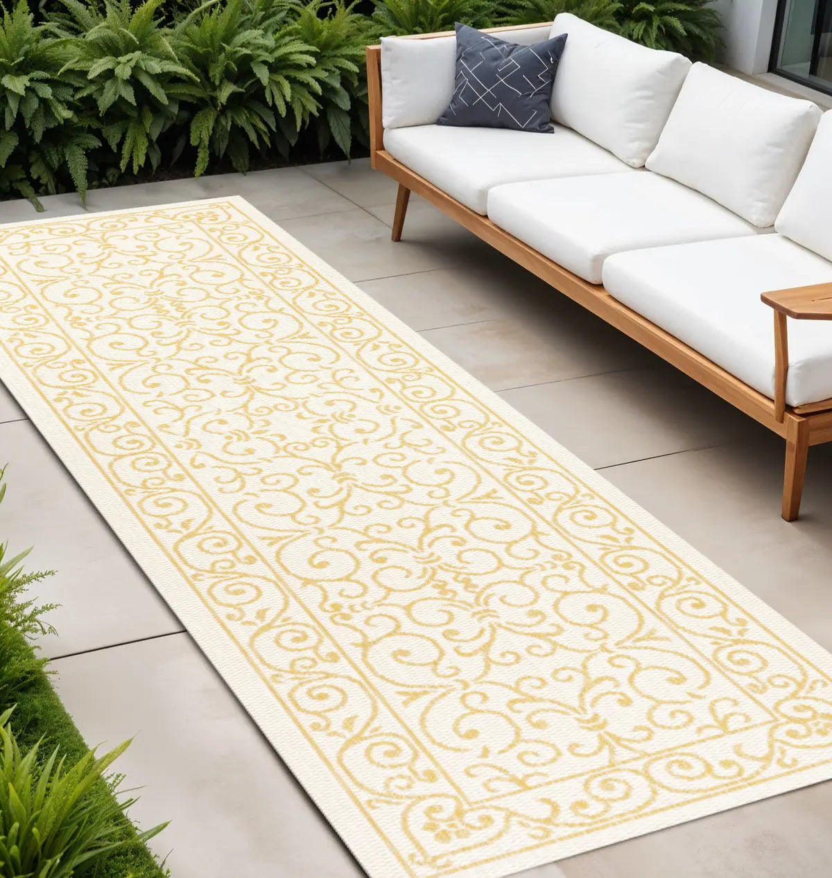 10' Cream And Yellow Medallion Indoor Outdoor Runner Rug Homeroots Outdoor