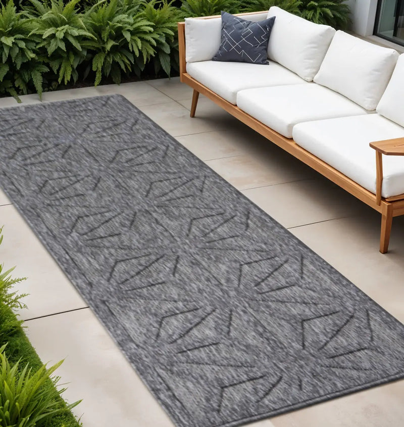 10' Dark Gray And Light Gray Geometric Indoor Outdoor Runner Rug - GreatEagleInc