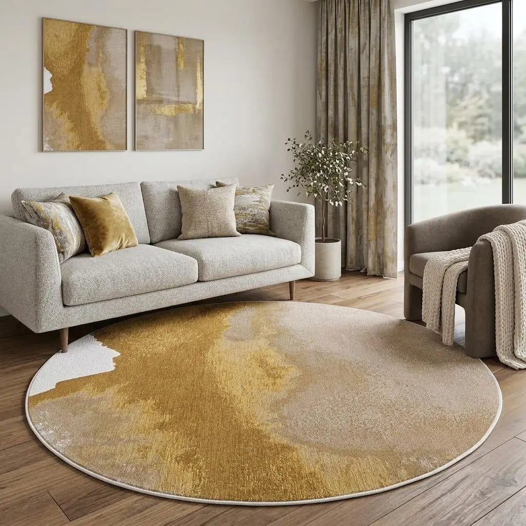 10' Gold And White Abstract Washable Round Rug With UV Protection Homeroots Home Decor