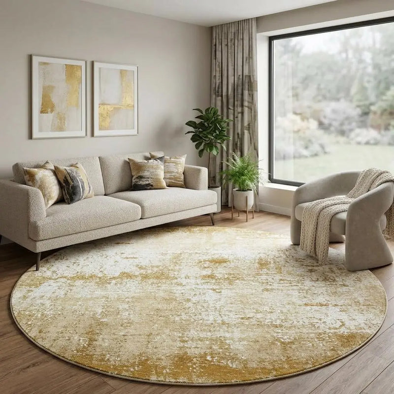 10' Gold And White Abstract Washable Round Rug With UV Protection Homeroots Home Decor