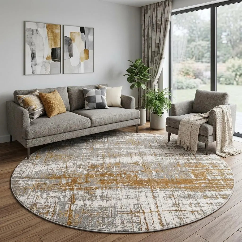 10' Gold And White Abstract Washable Round Rug With UV Protection Homeroots Home Decor