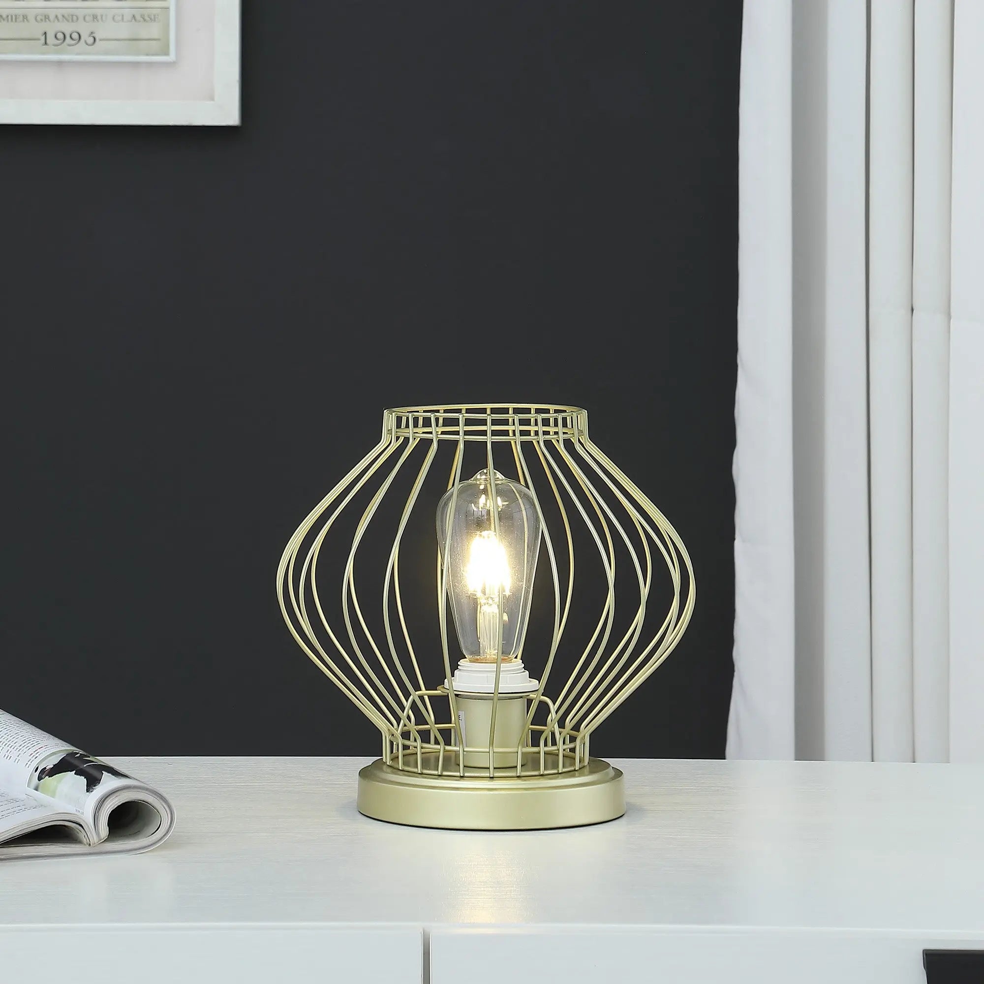 10" Gold Bedside Table Lamp With Gold Cage Shade Homeroots Lighting