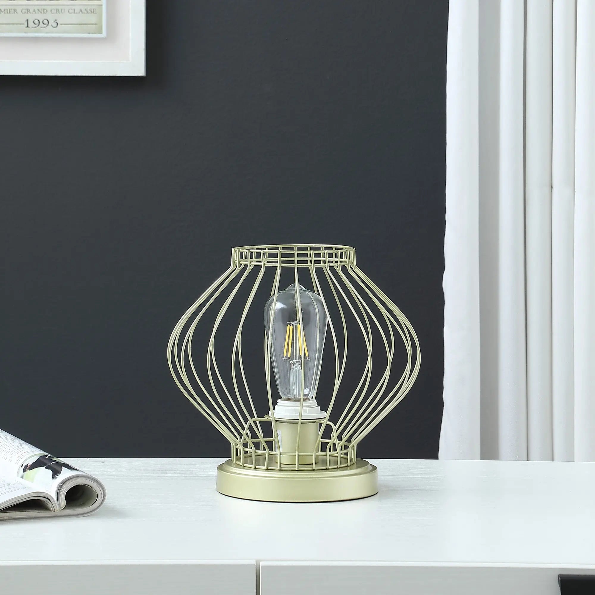 10" Gold Bedside Table Lamp With Gold Cage Shade Homeroots Lighting