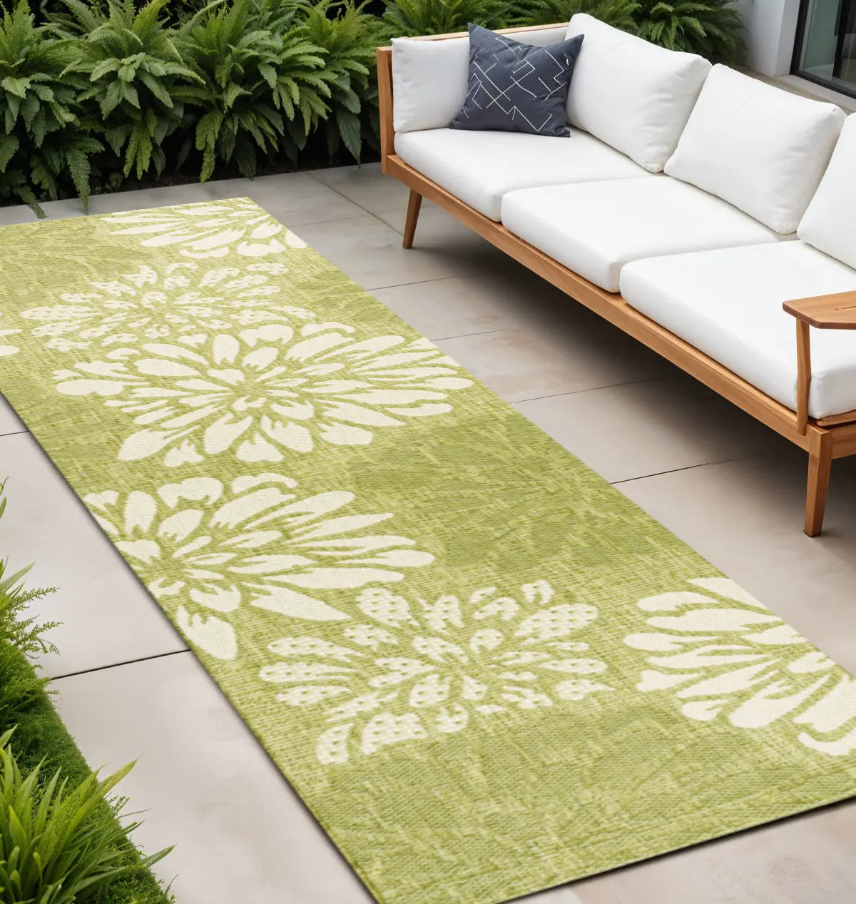 10' Green And Cream Floral Indoor Outdoor Runner Rug Homeroots Outdoor
