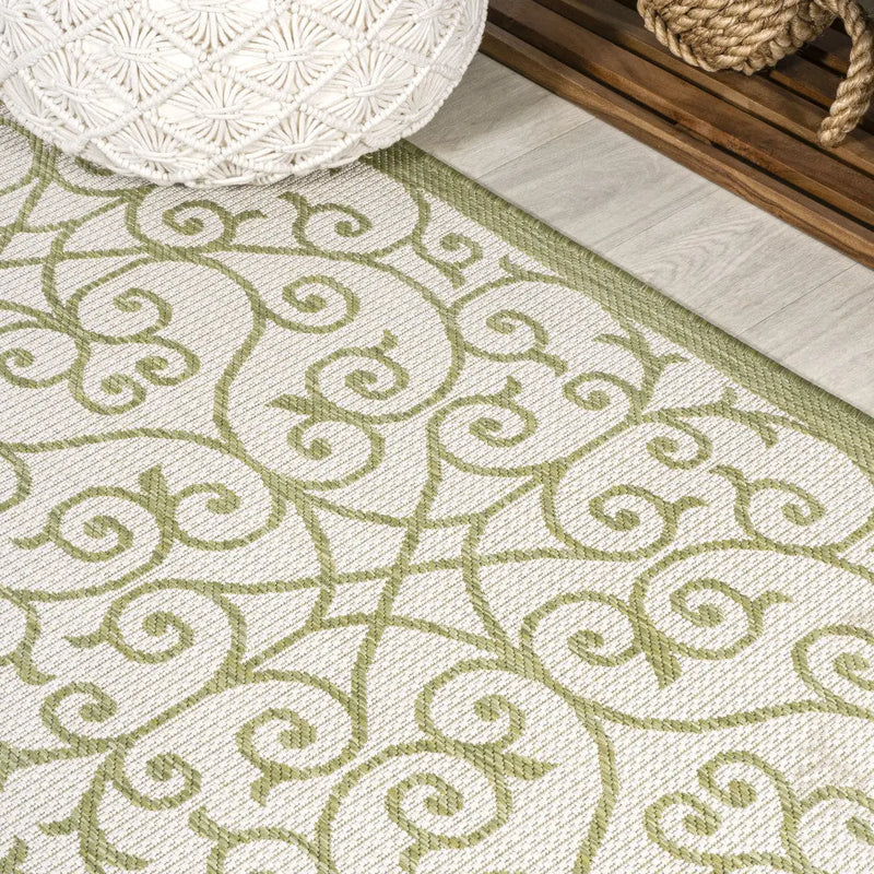 10' Green And Cream Geometric Indoor Outdoor Runner Rug Homeroots Outdoor