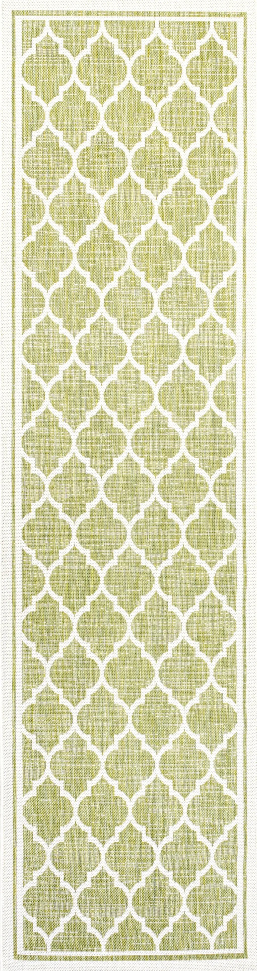 10' Green And Cream Geometric Indoor Outdoor Runner Rug Homeroots Outdoor