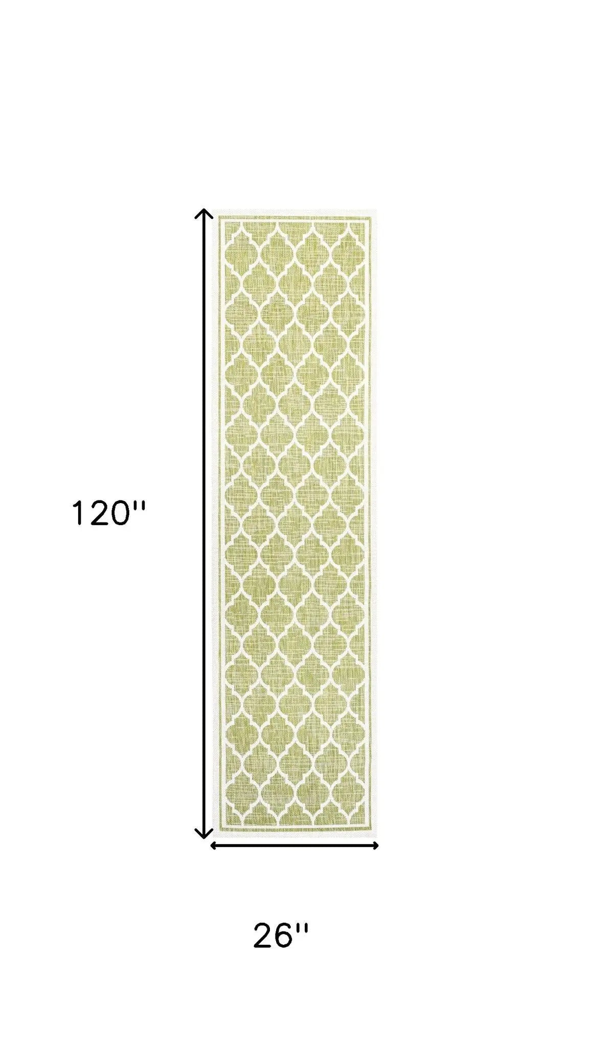 10' Green And Cream Geometric Indoor Outdoor Runner Rug Homeroots Outdoor