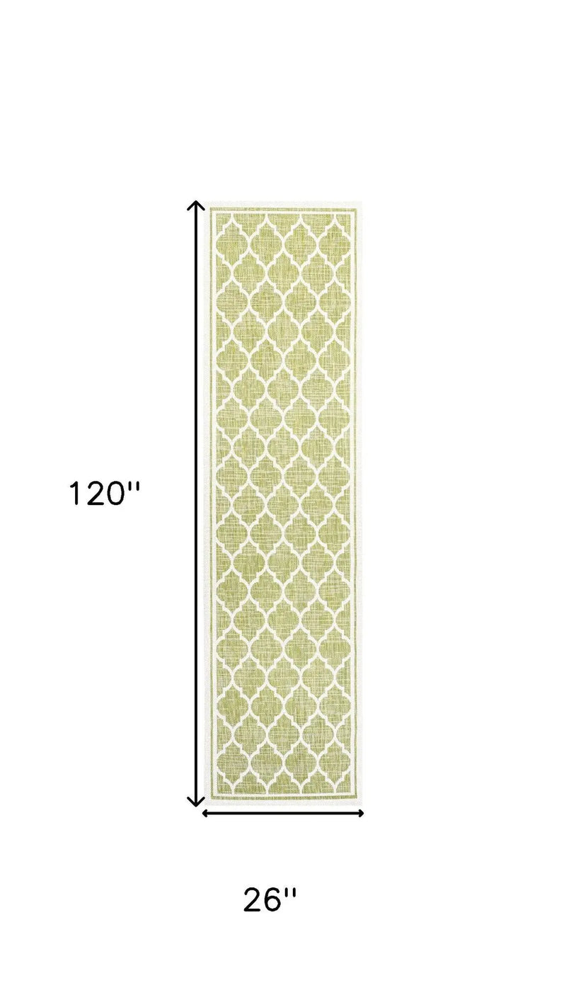 10' Green And Cream Geometric Indoor Outdoor Runner Rug Homeroots Outdoor