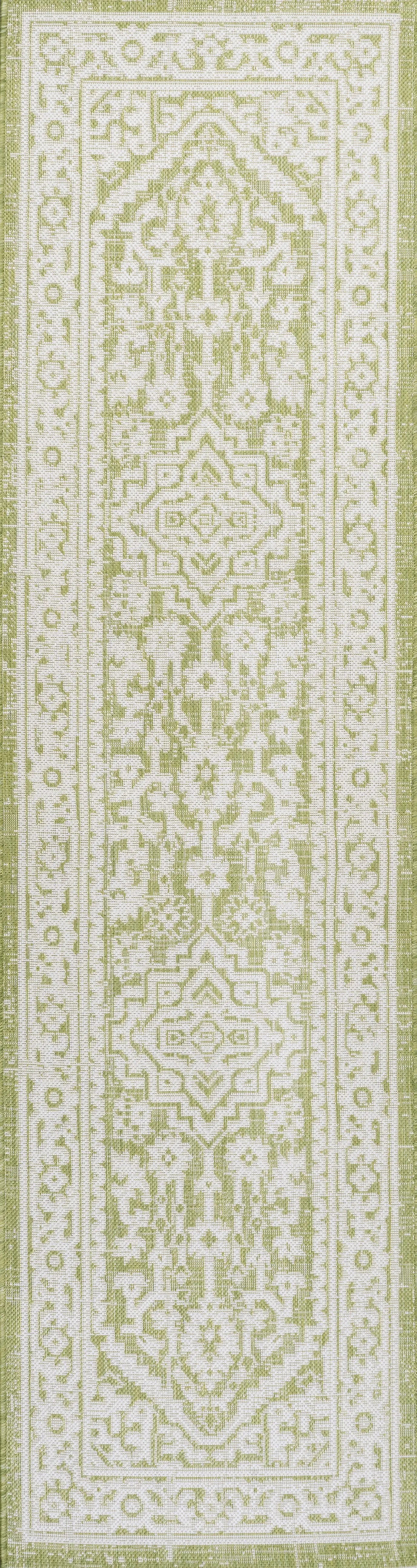 10' Green And Cream Medallion Indoor Outdoor Runner Rug Homeroots Outdoor