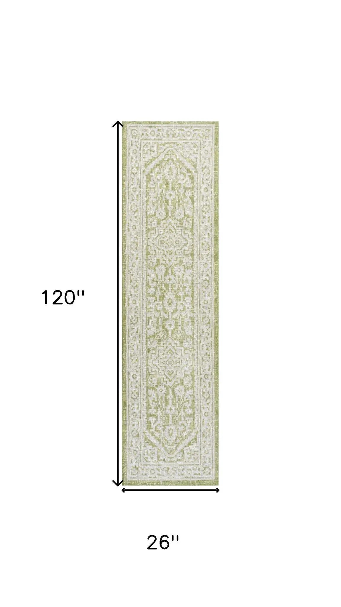 10' Green And Cream Medallion Indoor Outdoor Runner Rug Homeroots Outdoor