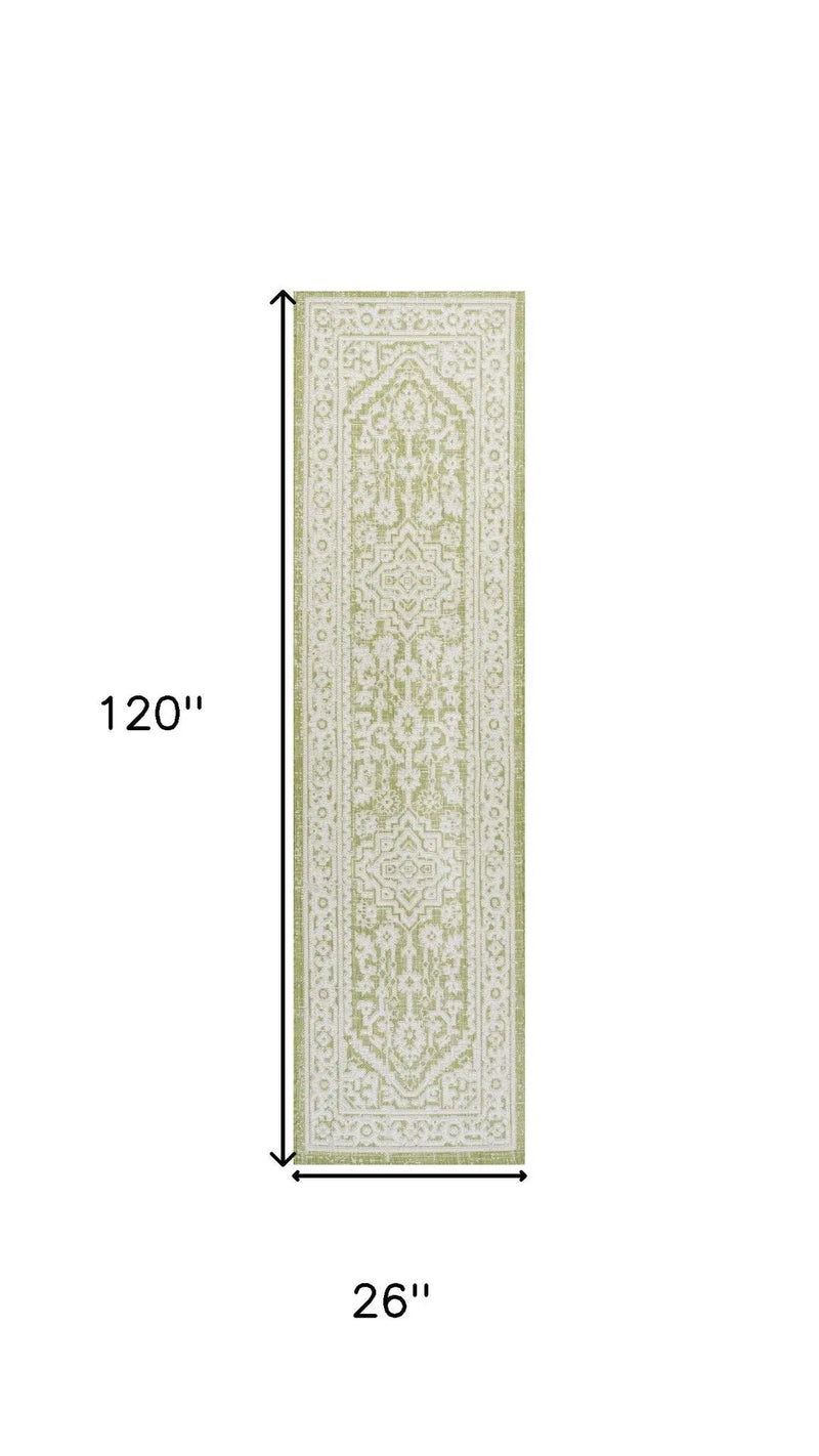 10' Green And Cream Medallion Indoor Outdoor Runner Rug Homeroots Outdoor