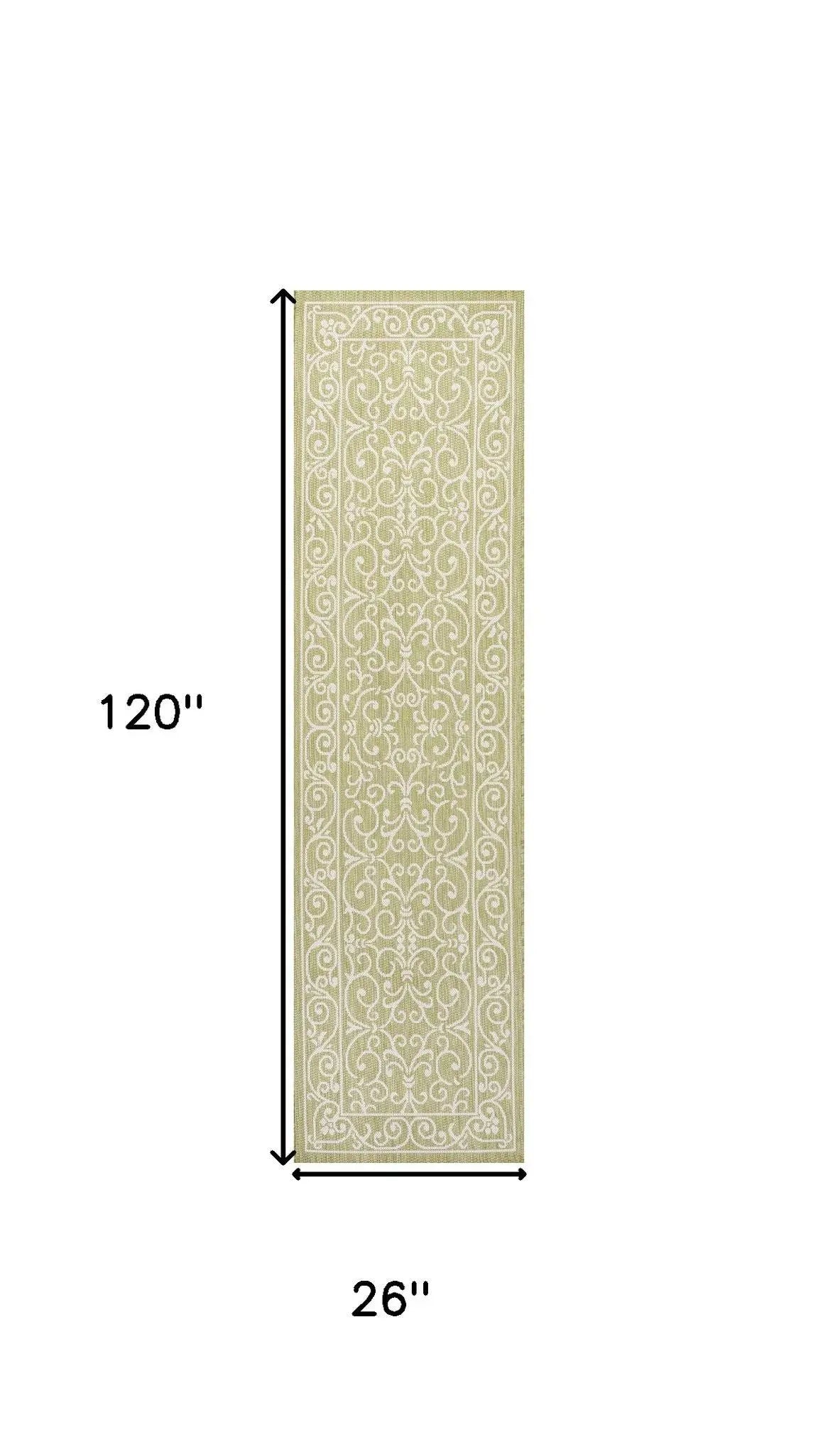 10' Green And Cream Medallion Indoor Outdoor Runner Rug Homeroots Outdoor