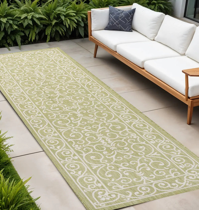 10' Green And Cream Medallion Indoor Outdoor Runner Rug Homeroots Outdoor