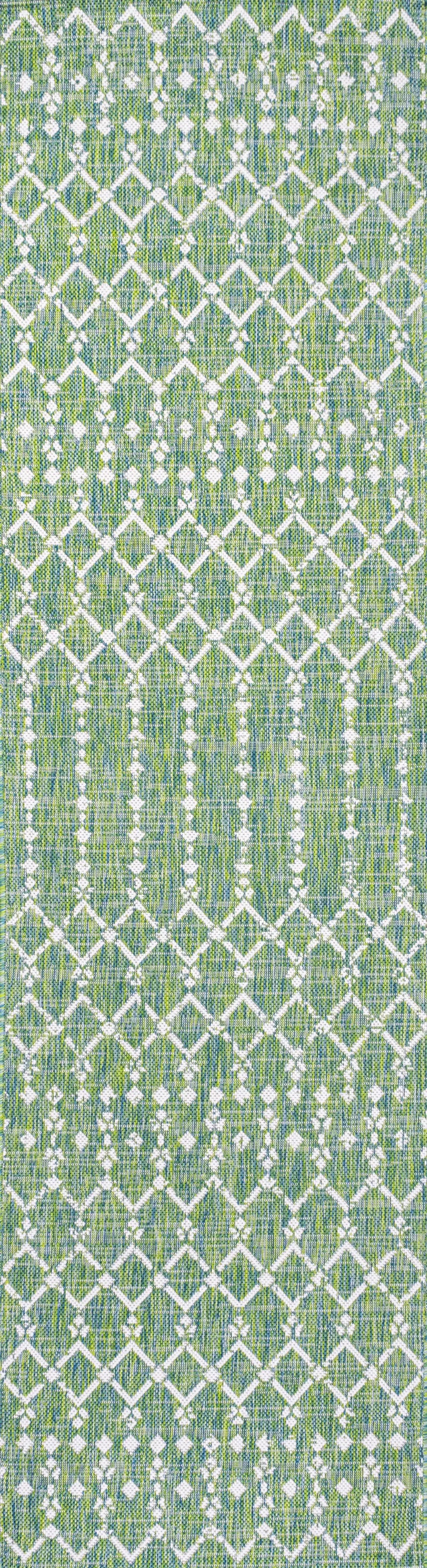 10' Green And Cream Trellis Indoor Outdoor Runner Rug Homeroots Outdoor