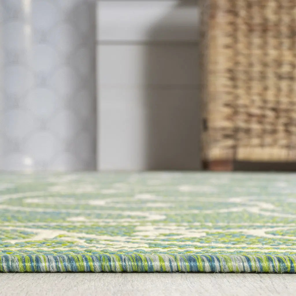 10' Green And Ivory Medallion Indoor Outdoor Runner Rug Homeroots Outdoor