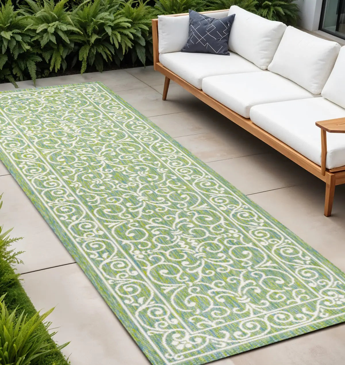 10' Green And Ivory Medallion Indoor Outdoor Runner Rug Homeroots Outdoor