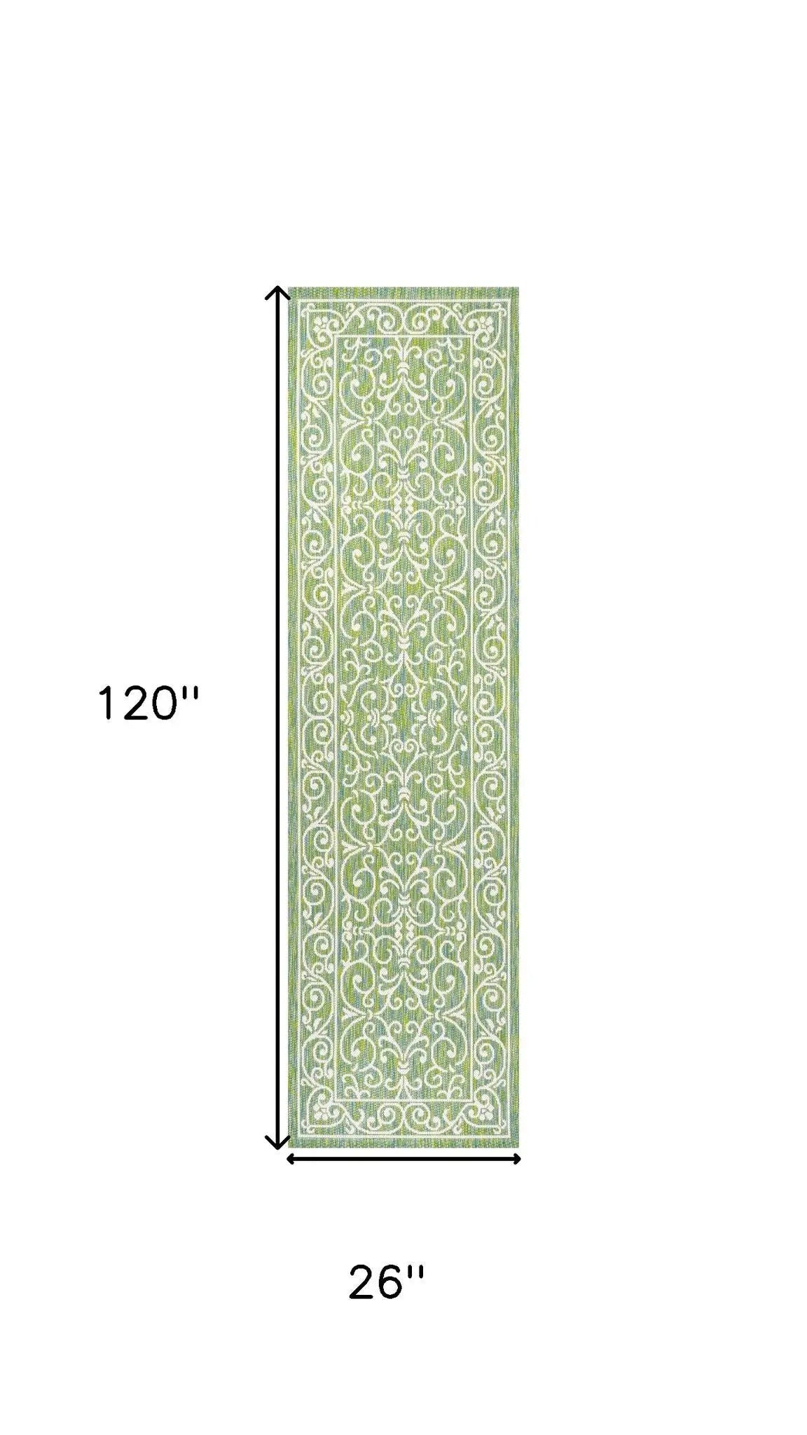10' Green And Ivory Medallion Indoor Outdoor Runner Rug Homeroots Outdoor