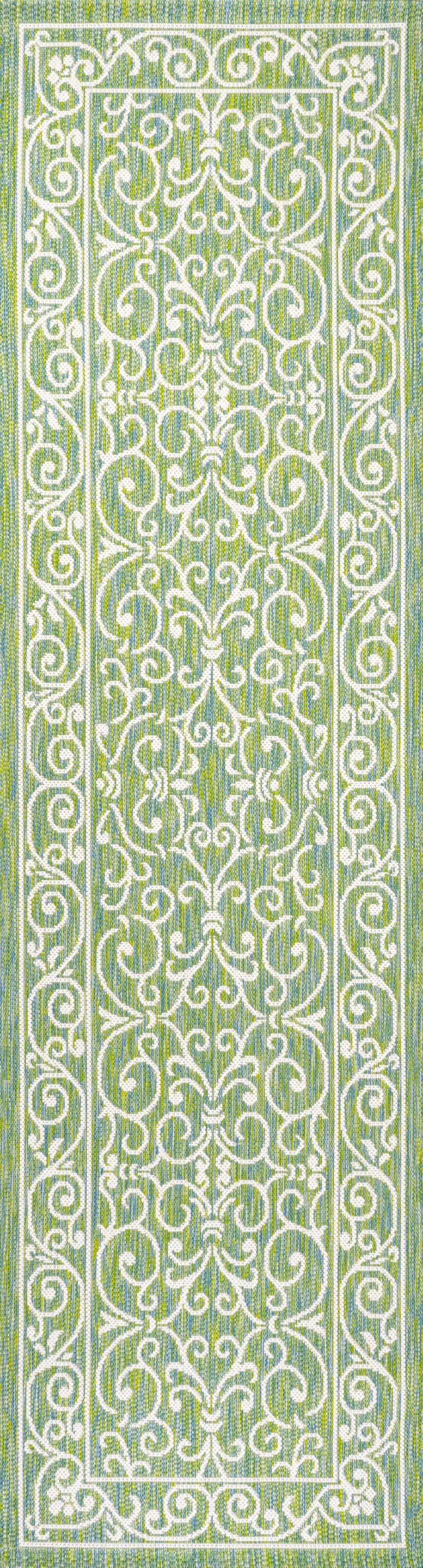 10' Green And Ivory Medallion Indoor Outdoor Runner Rug Homeroots Outdoor