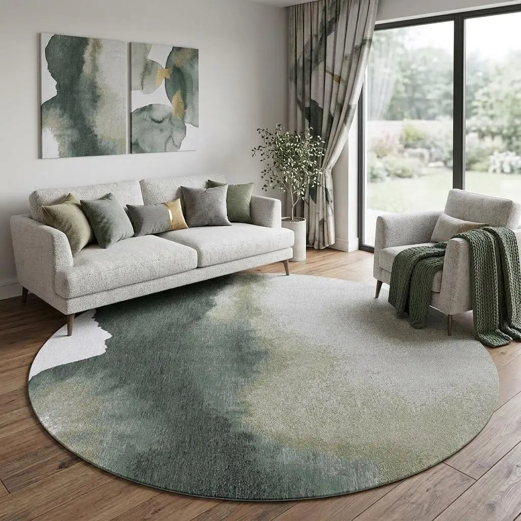 10' Green And White Abstract Washable Round Rug With UV Protection Homeroots Home Decor