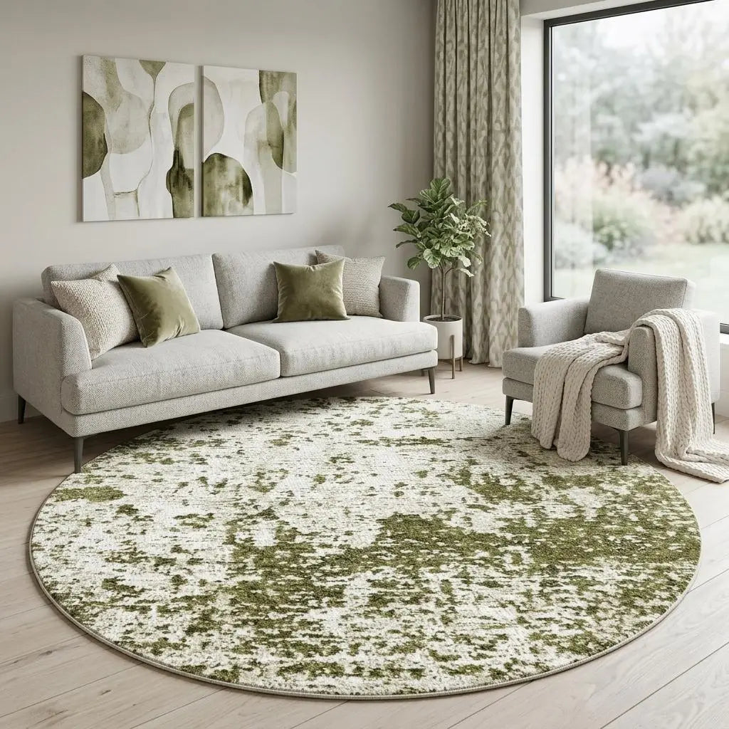 10' Green And White Abstract Washable Round Rug With UV Protection Homeroots Home Decor