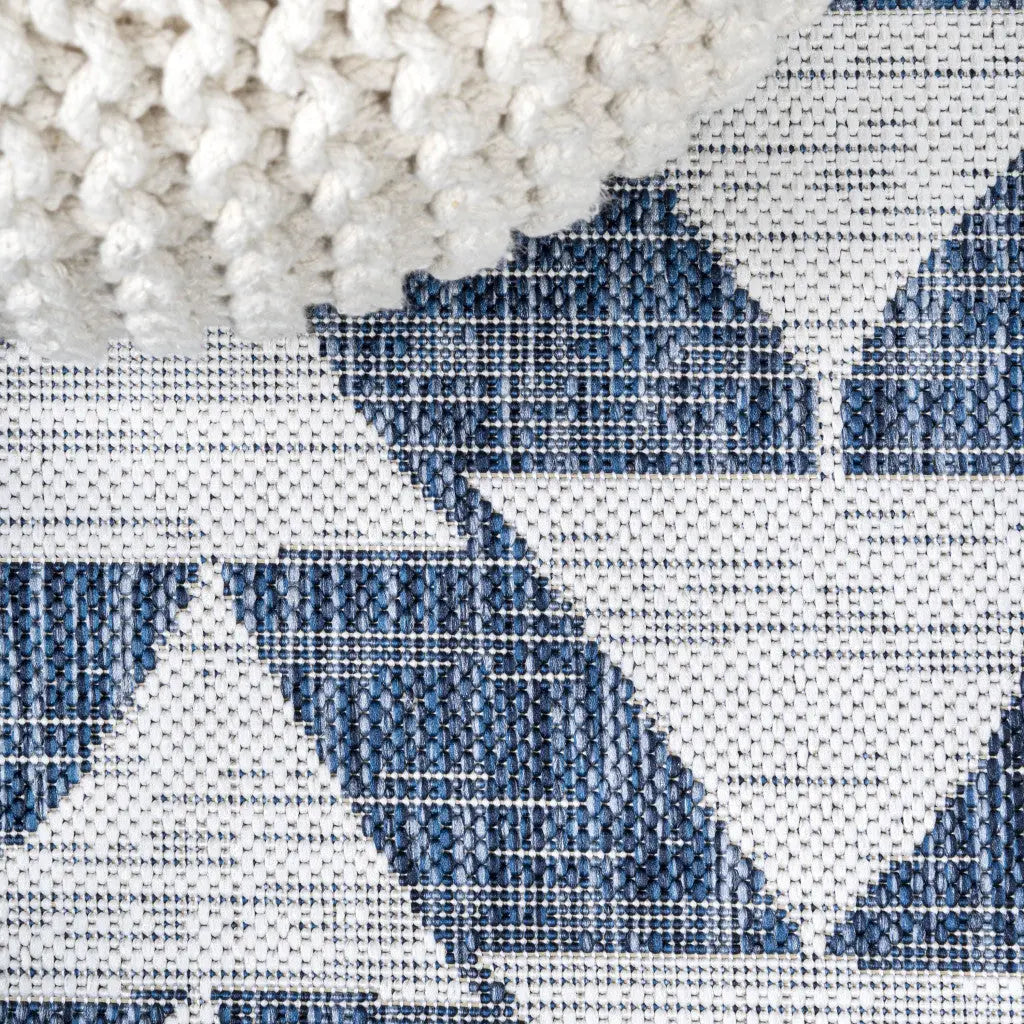 10' Ivory And Blue Geometric Indoor Outdoor Runner Rug Homeroots Outdoor