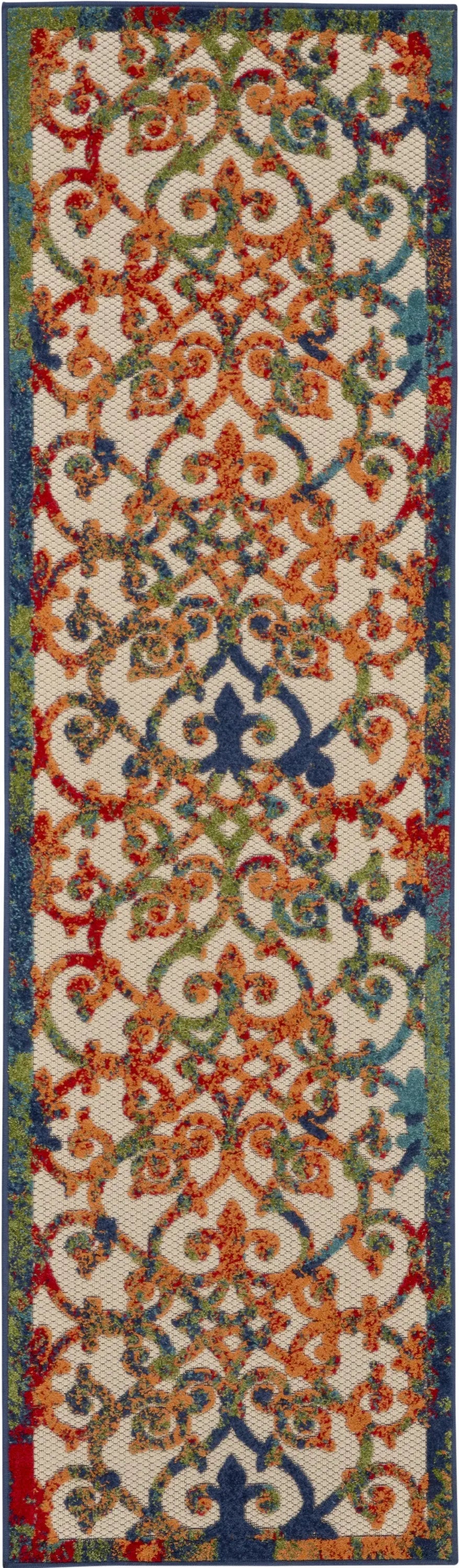 10' Ivory Blue Orange And Green Trellis Indoor Outdoor Runner Rug Homeroots Outdoor
