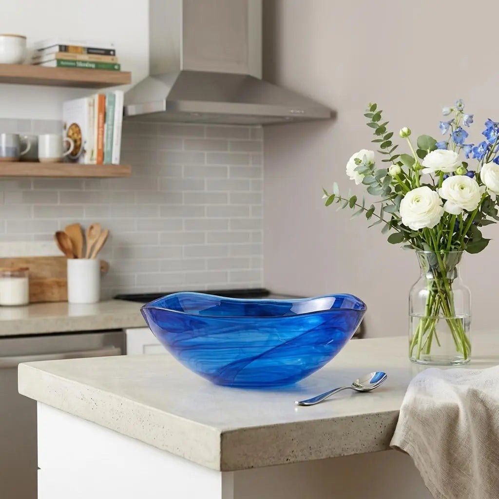 10" Modern Soft Square Blue Swirl Glass Bowl Homeroots Kitchen & Dining