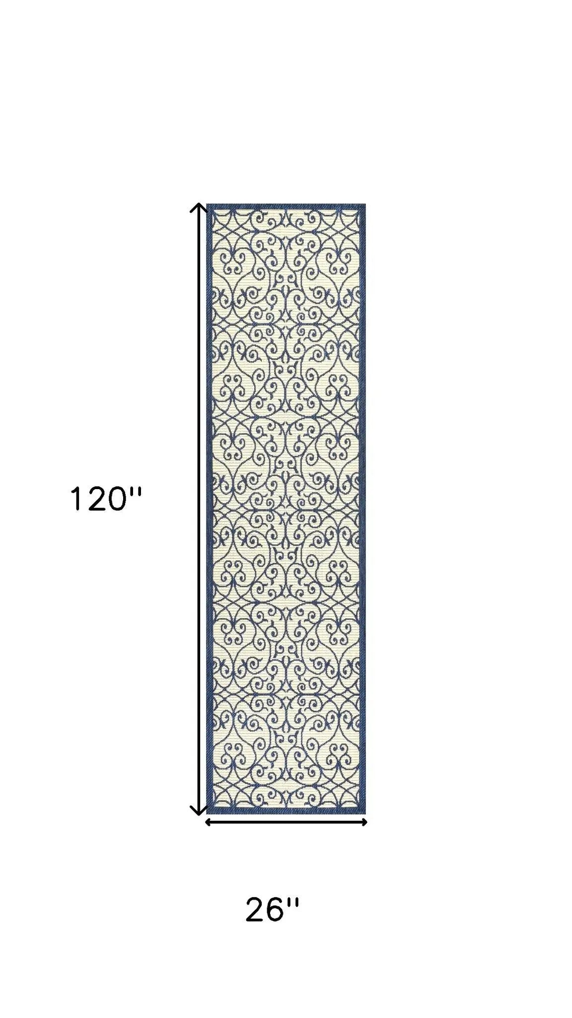 10' Navy Blue And Beige Geometric Indoor Outdoor Runner Rug Homeroots Outdoor