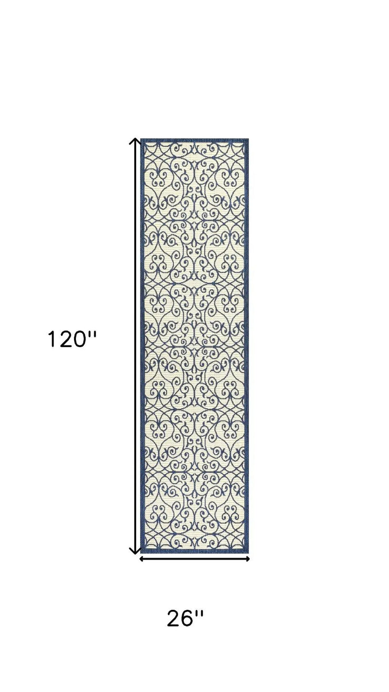 10' Navy Blue And Beige Geometric Indoor Outdoor Runner Rug Homeroots Outdoor