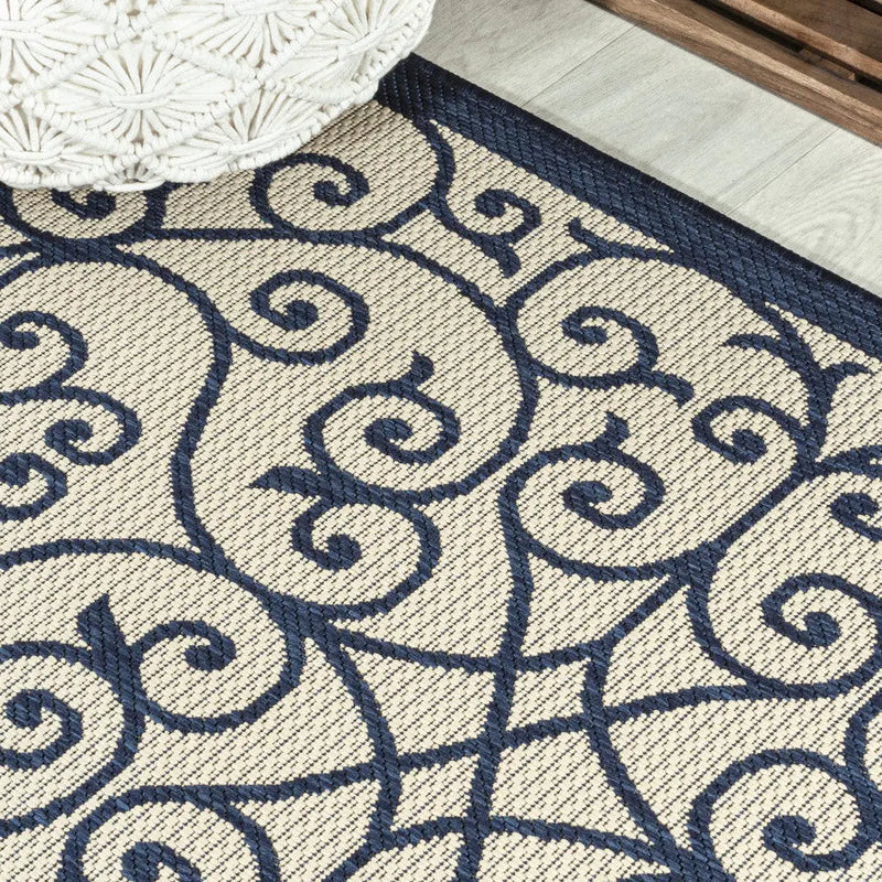10' Navy Blue And Beige Geometric Indoor Outdoor Runner Rug Homeroots Outdoor