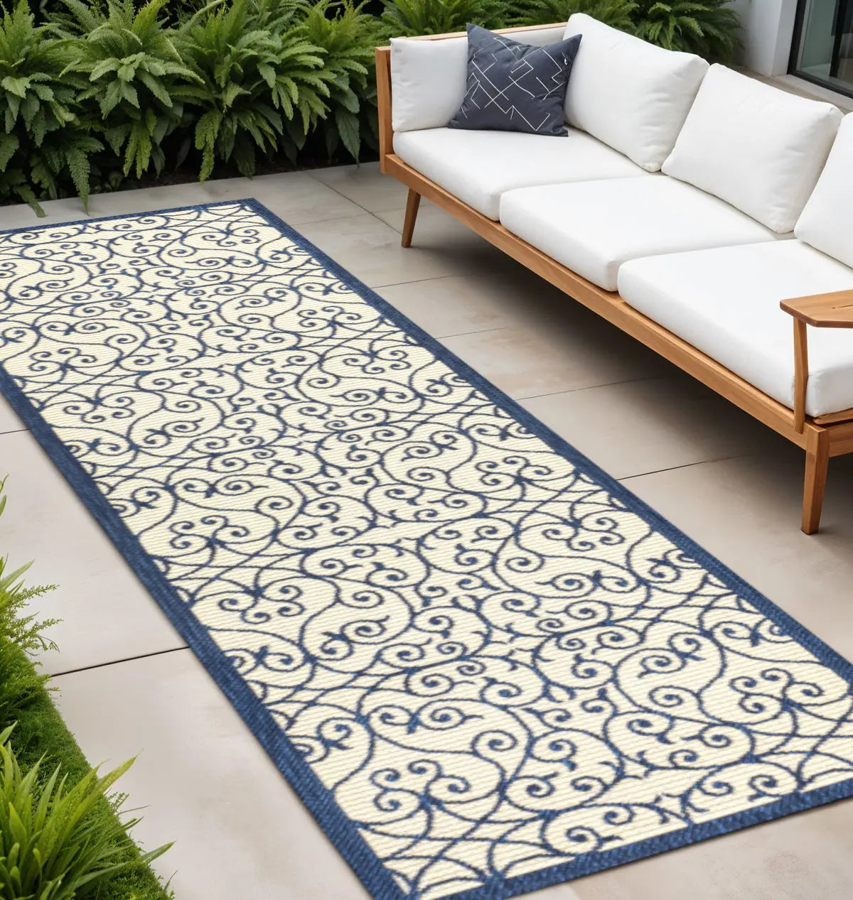 10' Navy Blue And Beige Geometric Indoor Outdoor Runner Rug Homeroots Outdoor