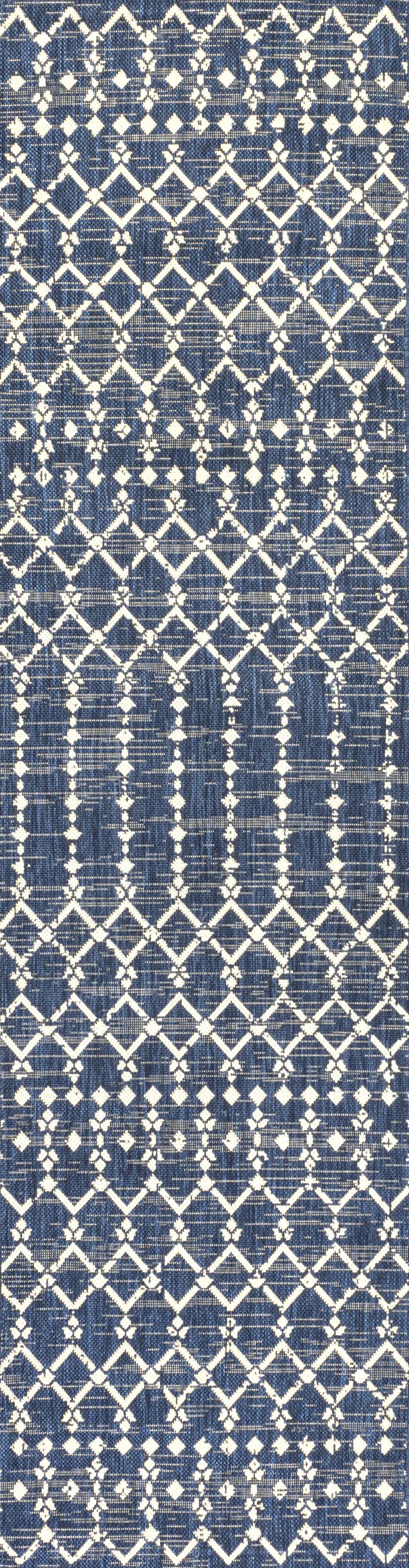 10' Navy Blue And Beige Trellis Indoor Outdoor Runner Rug Homeroots Outdoor